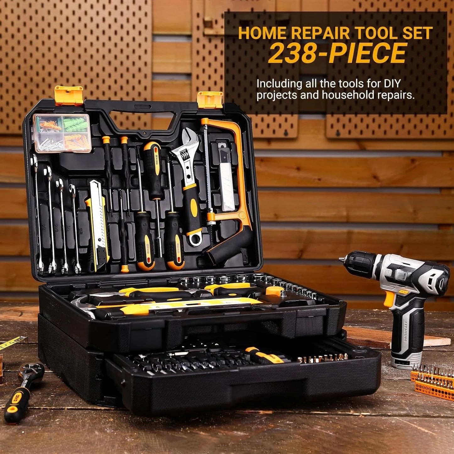 Tool Kit Box Drill Set：Home Mechanic Toolbox with 12V Power Cordless Drill Hand Repair Tools Sets Combo Kits Storage