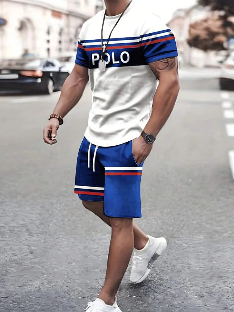 2025 Mens Summer Casual Suit Textured Printed Mixed Color Short Sleeve Outdoor Street Fashion Shorts Two Piece Pocket Loose Suit