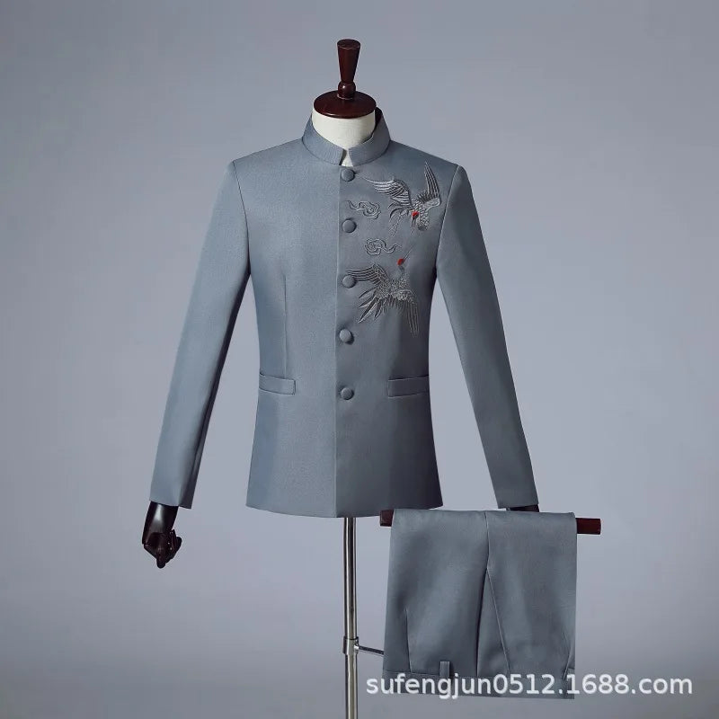 2025 New Men Chinese Style Embroidered Standing Collar Suit 2 Piece Fashion Homme Wedding Prom Party Performance Blazer and Pant