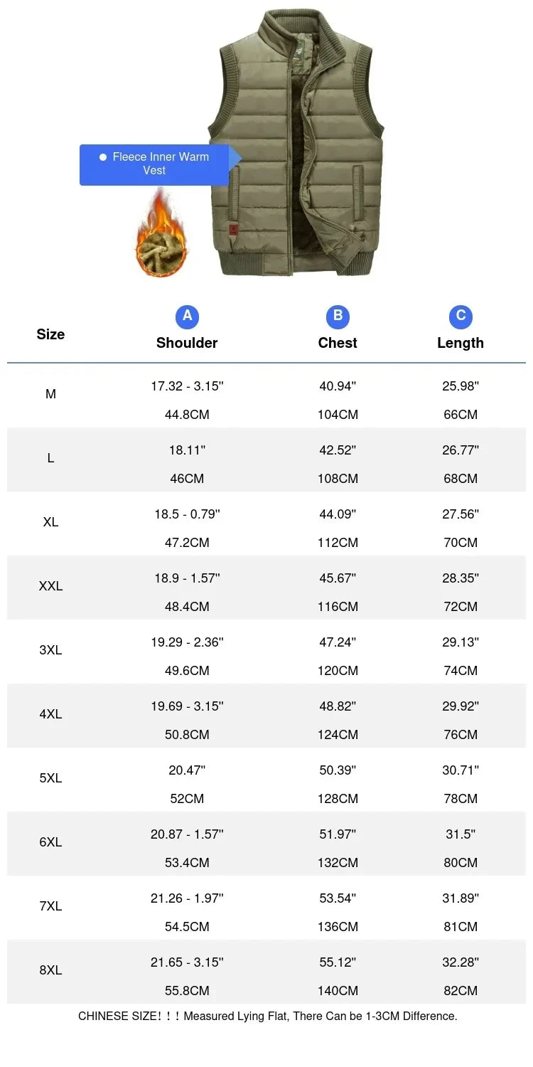 Winter Mens Fleece Jacket Sleeveless Vest Man Waterproof Vest Coats Stand Collar Windbreaker Padded Waistcoats Clothing 8XL