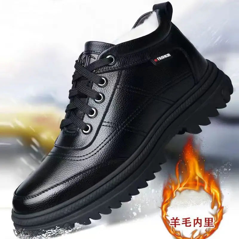 2025 Winter Men's Business Casual Leather Shoes, Men's Fashionable Breathable Shoes, Casual Lace-up Single Leather Cotton Shoes