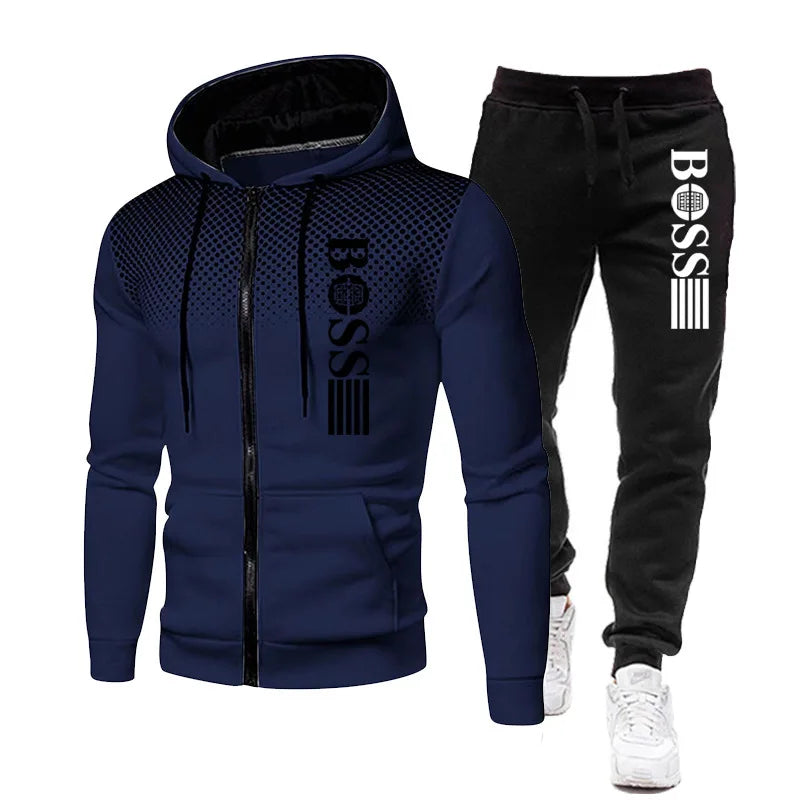 2025 New Men's zippered hoodie + Casual Pants Set for Autumn and Winter fashion Fitness and Warm sportswear Two-piece set