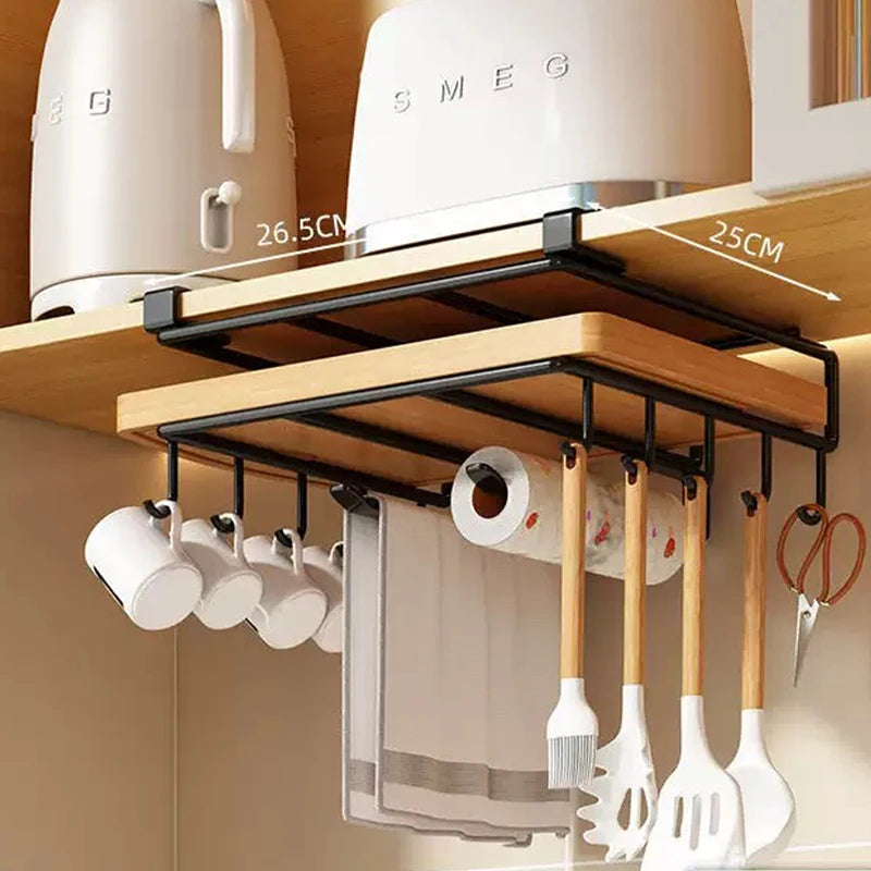 WV Kitchen Under Cupboard Hanging Organizer Rack with Hook Paper Towel Rags Hanger Cutting Board Pot Cover Holder Storage Shelf