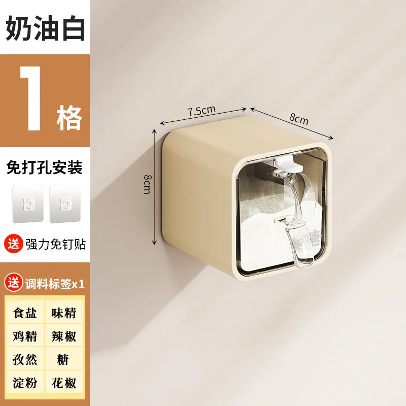 AOBT Wall-mounted moisture-proof seasoning box for home kitchen with condiment bottles for salt, MSG, and other condiments.