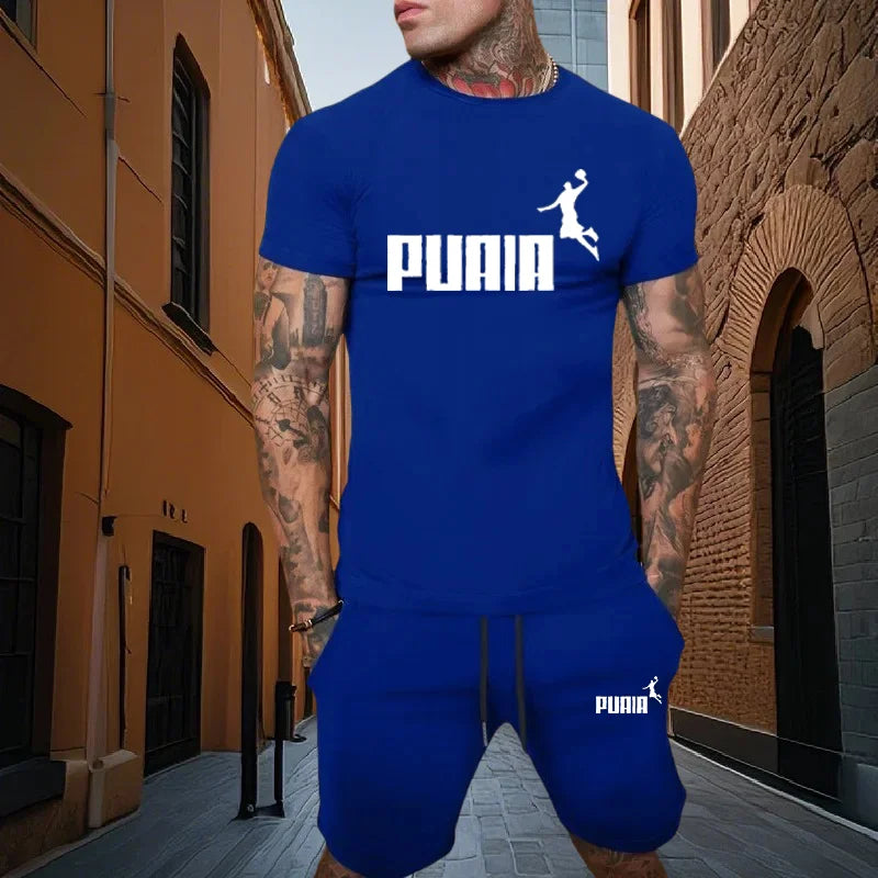 Summer fashion men's two-piece set men's casual sports set printed short sleeved set men's T-shirt+shorts fitness sportswear