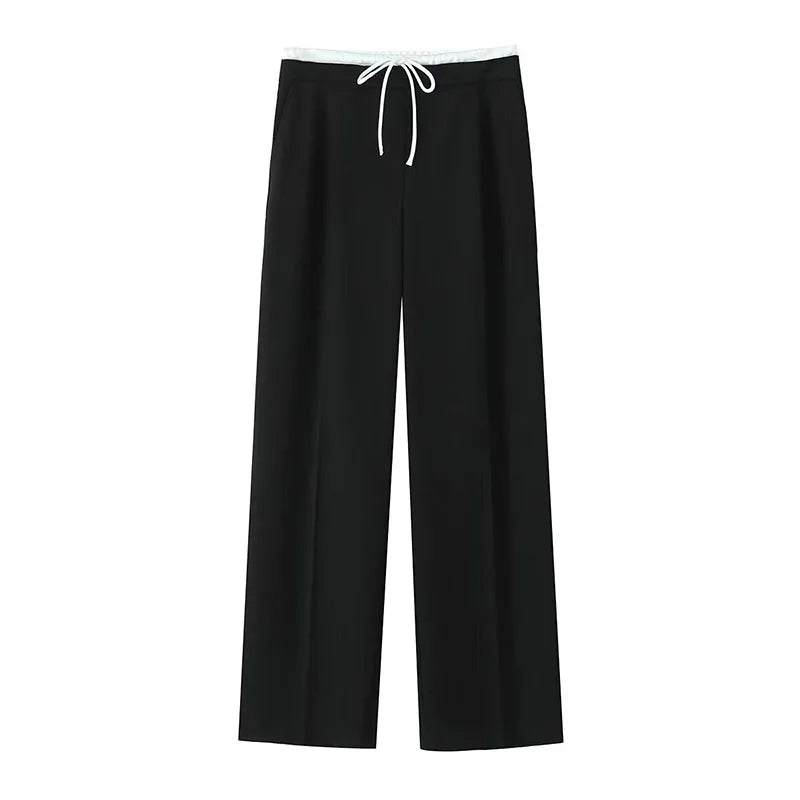 SIYANG  2024 Women Fashion Vintage Solid Straight Pants Side Zipper Drawstring Casual Trousers Spring New Female Wide Leg Pants