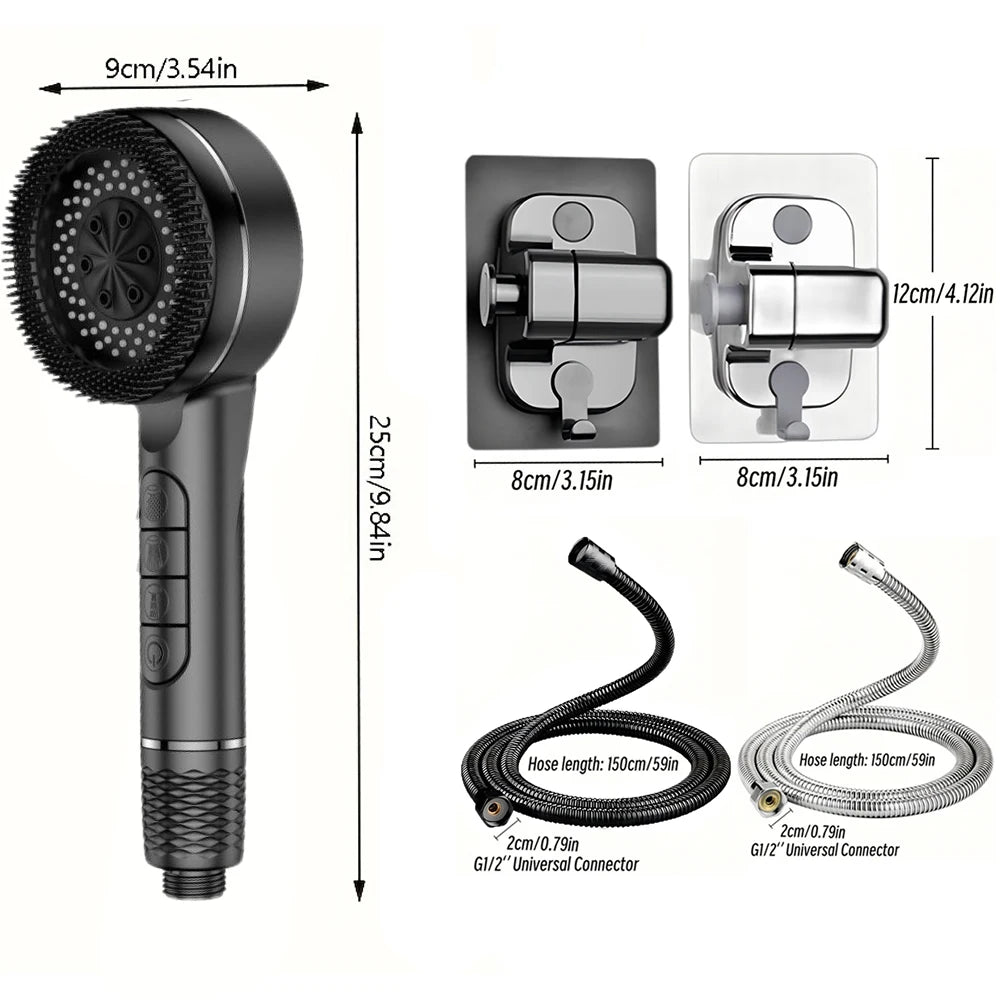 4 Modes Self-cleaning Shower Head with Silicone Brush One-Key Stop Water Massage High Pressure ABS Showerhead with Filter