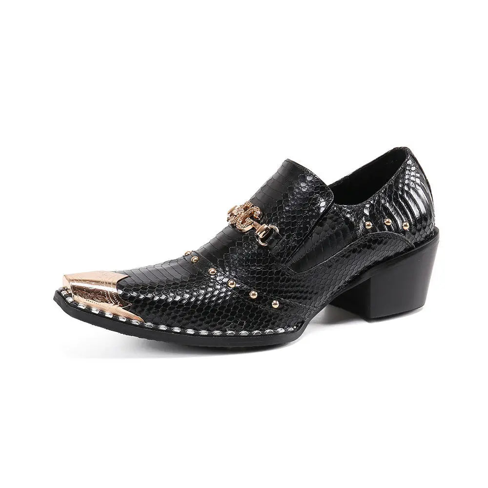 2025 New Men 's Business Casual Leather Snake Scale Pointed High Heel Trend Hair Stylist Leather Shoes