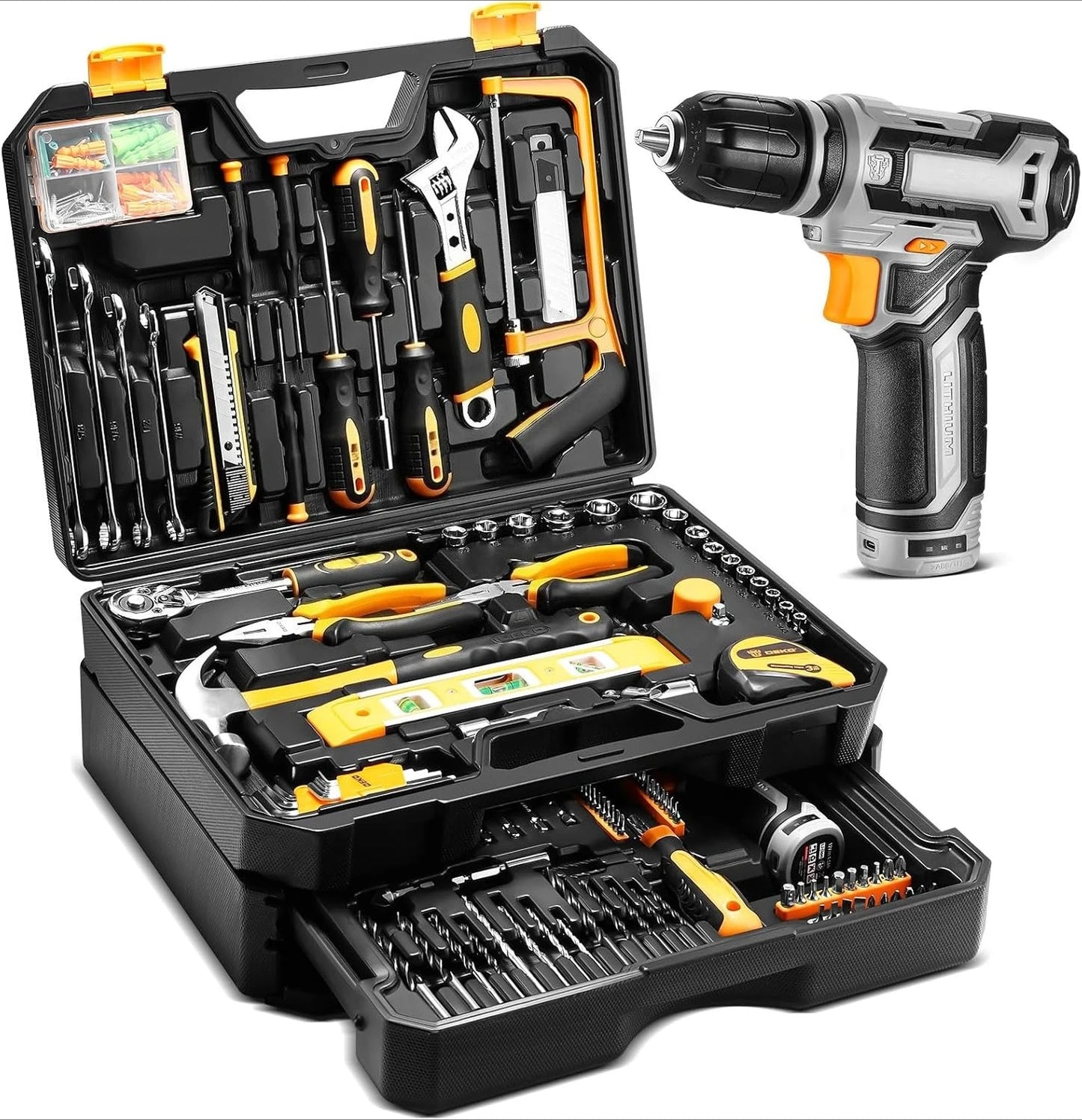 Tool Kit Box Drill Set：Home Mechanic Toolbox with 12V Power Cordless Drill Hand Repair Tools Sets Combo Kits Storage