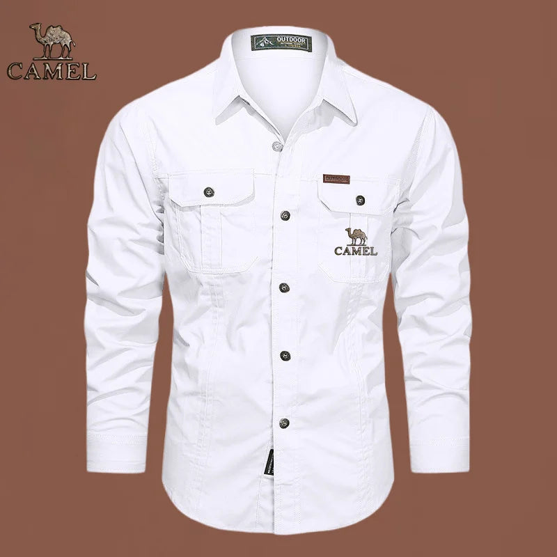 2024 Camel Authentic Emblem Spring and Autumn Season New Shirts for Men's Long sleeved Pure Cotton Casual Solid Color Shirts for