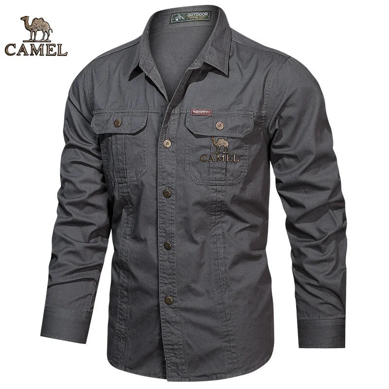 2024 Camel Authentic Emblem Spring and Autumn Season New Shirts for Men's Long sleeved Pure Cotton Casual Solid Color Shirts for