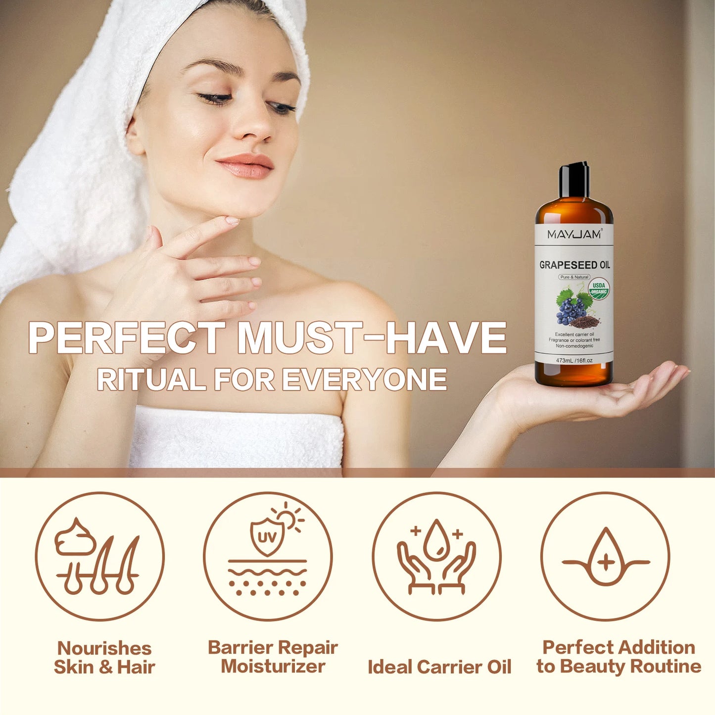 16fl.oz Organic Grapeseed Oil for Skin Care Cold Pressed Pure Natural Carrier Oil Body Oil Massage Nourish Moisturize Brighten