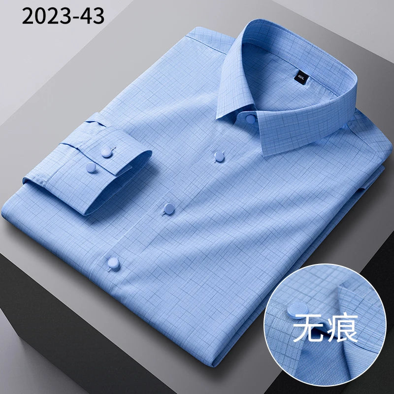 2025New Bamboo Fiber Men's Shirt Fashionable Business Casual Men Clothing Solid Color Elastic No-Iron Easy-Care Long-Sleeved Top