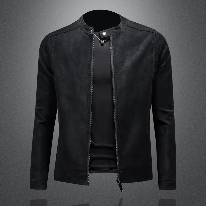 2025 new high-quality slim fit leather jacket, men's casual stand up collar motorcycle leather jacket,