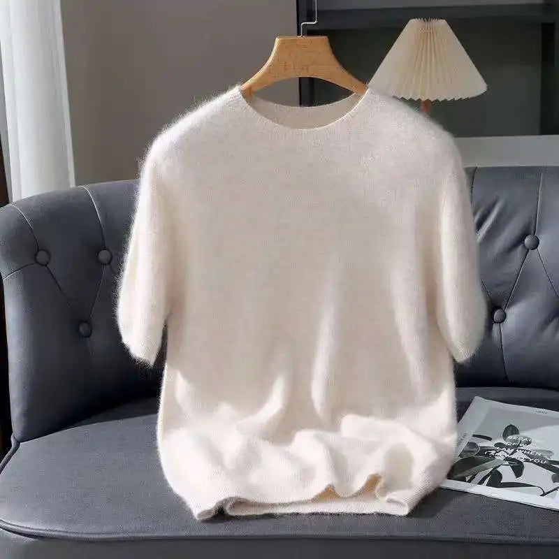 100% Mink Cashmere Knit Sweater Men's T-Shirt Spring Summer Loose O-Neck Solid Color Casual Business Base Pullover Short Sleeve
