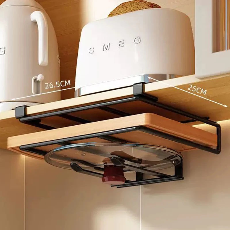 WV Kitchen Under Cupboard Hanging Organizer Rack with Hook Paper Towel Rags Hanger Cutting Board Pot Cover Holder Storage Shelf