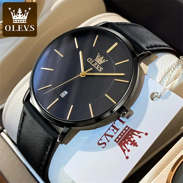 Top Brand OLEVS Ultra Thin 6.5mm Minimalist Fashion Quartz Watch for Men Leather Strap Auto Date Male Waterproof Mens Wristwatch