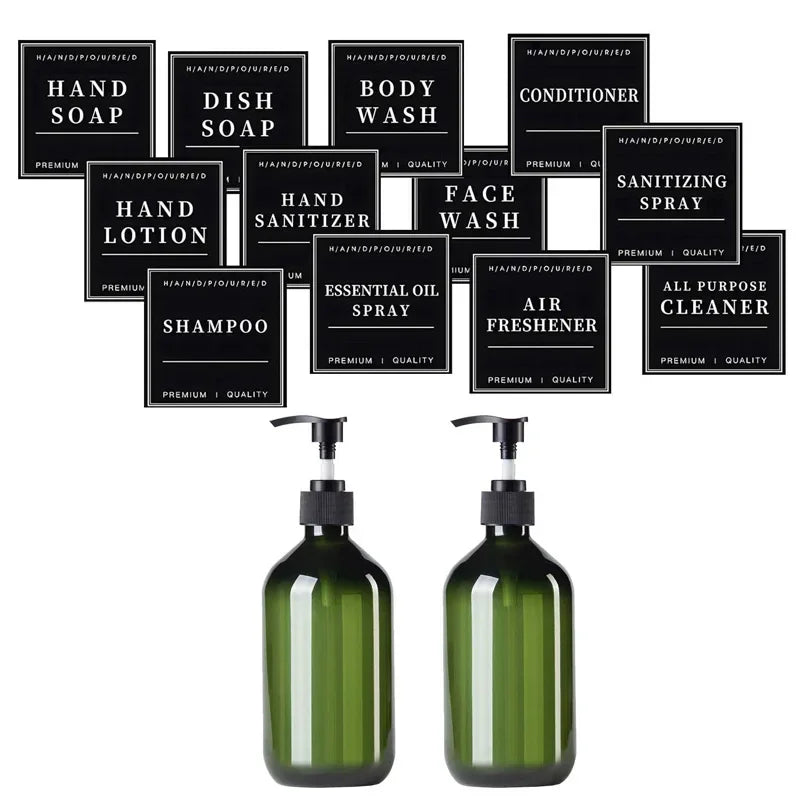 2pcs Brown Green Lotion Bottles 500ML Soap Dispenser Round Bottles with 6 Pieces/12 Pieces Black Label Bathroom Accessories