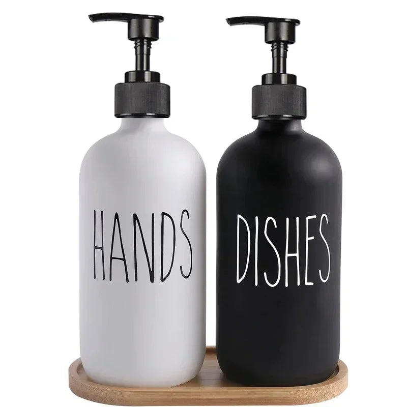2Pcs 500ml Hand Dish Soap Dispenser Empty Pump Bottle, Farmhouse Kitchen Counter Decor Organization with Silicone OR Bamboo Try