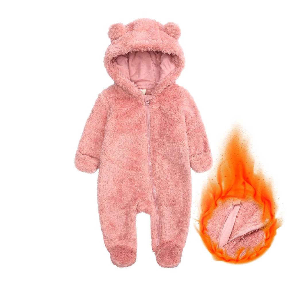 2025 Winter Baby Rompers Infant Fleece Bear Hooded Onesies Newborn Baby Boy Girl Zipper Jumpsuit Bodysuit Pyjamas