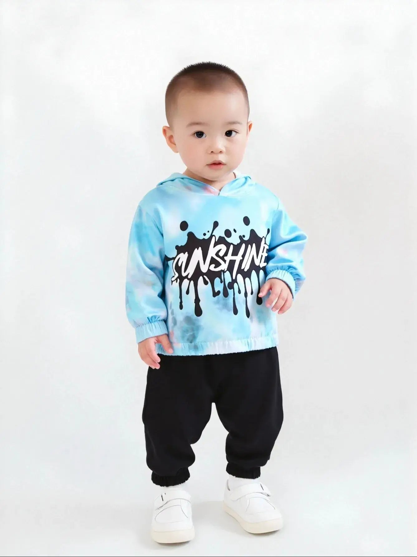 2-piece set of fashionable casual letter printed tie dye hooded long sleeved top and pants for baby boys, autumn and winter