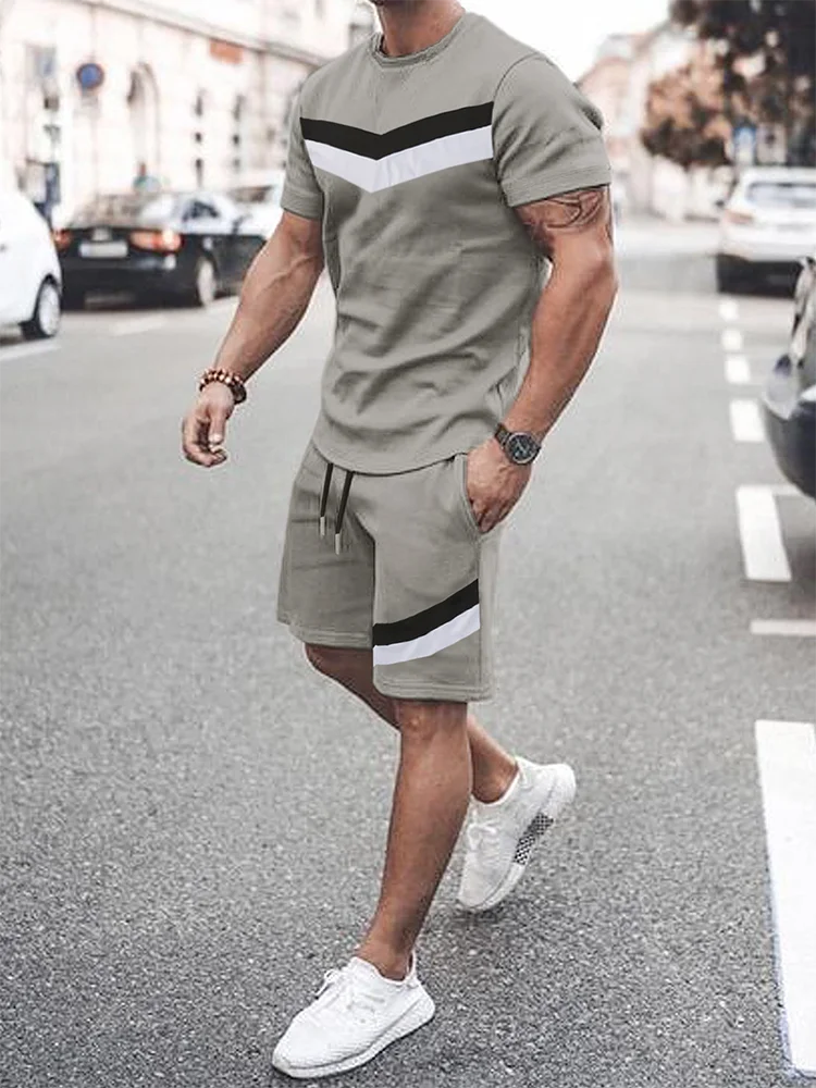 2025 Mens Summer Casual Suit Textured Printed Mixed Color Short Sleeve Outdoor Street Fashion Shorts Two Piece Pocket Loose Suit