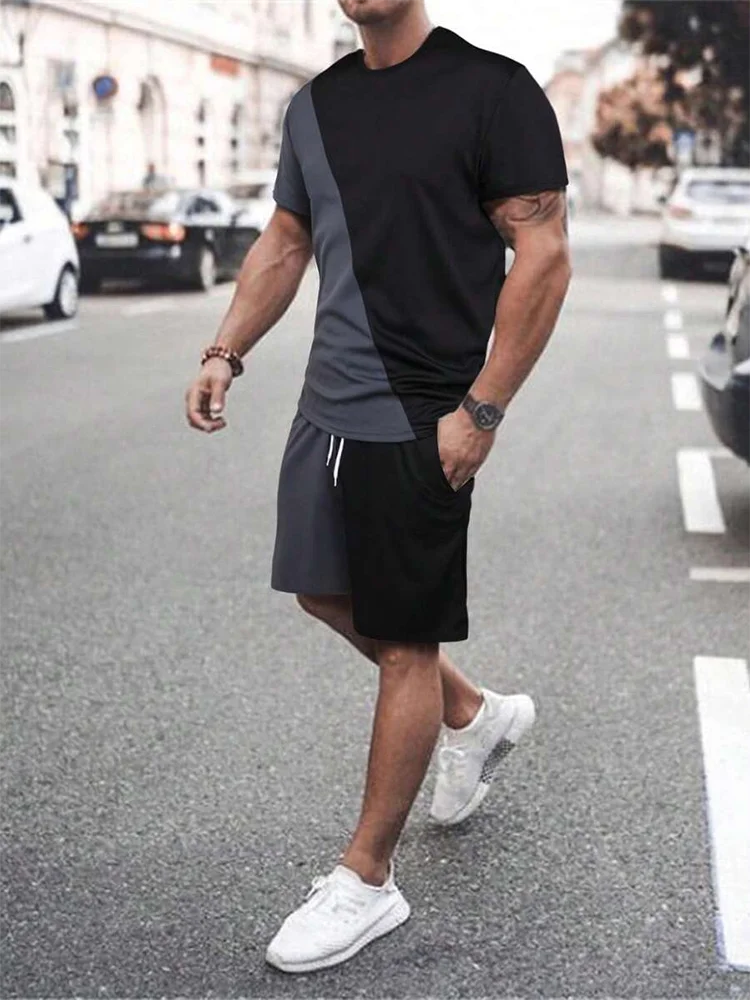 2025 Mens Summer Casual Suit Textured Printed Mixed Color Short Sleeve Outdoor Street Fashion Shorts Two Piece Pocket Loose Suit