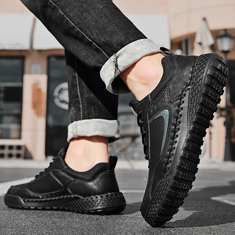 Stylish Mens Casual Leather Sneakers Classic Men's Masculino Leisure Walk Trainers Lace-Up Men Outdoor Handmade Treking Footwear