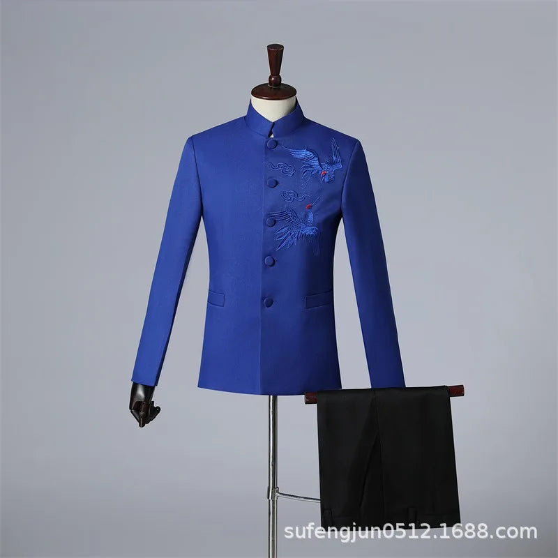 2025 New Men Chinese Style Embroidered Standing Collar Suit 2 Piece Fashion Homme Wedding Prom Party Performance Blazer and Pant