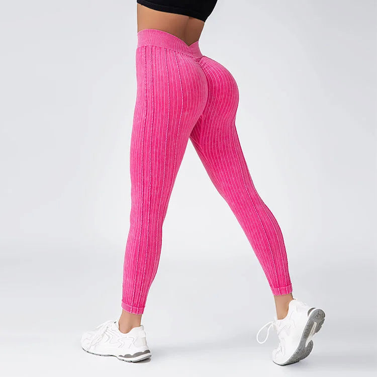 Women Striped Leggings V Back Fashion Gym Outdoor Fitness Athletic Workout Elastic Leggins Yoga Pants Sports Training Tights