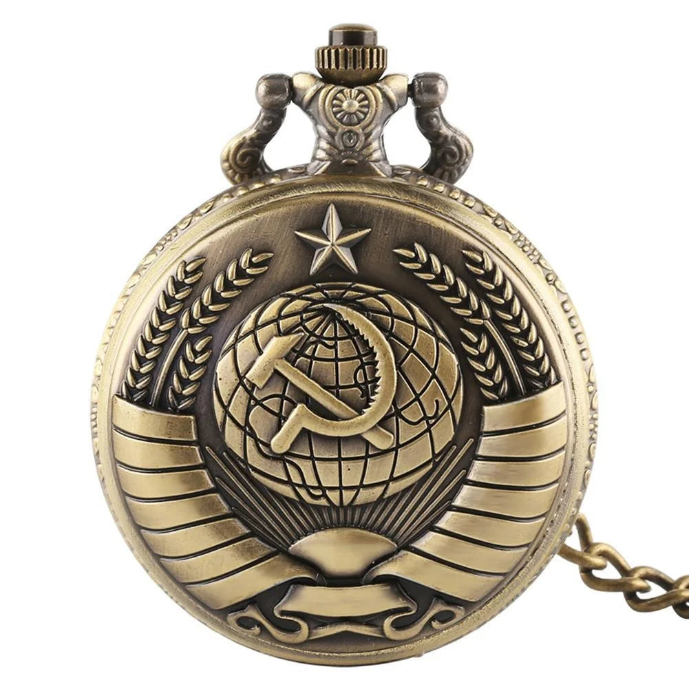 Vintage Emblem Soviet Badges Hammer Sickle Pocket Watch Retro Russia Army Communism Necklace Clock Chain for Men Women