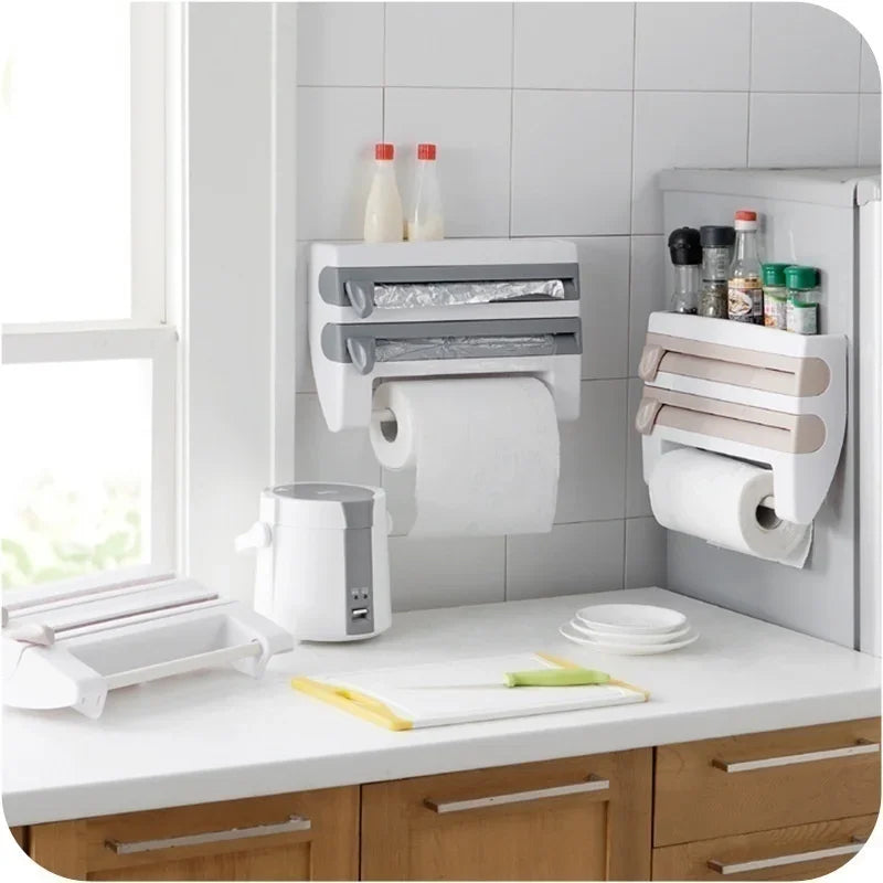 Kitchen Paper Towel Holder Wall-Mount Adhesive Tissue Hanger Sauce Bottle Rack 4In1 Cling Film Cutting Holder Organizer