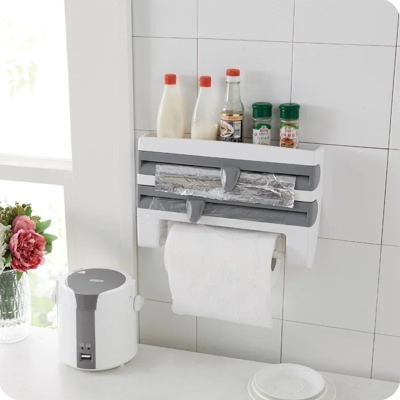 Kitchen Paper Towel Holder Wall-Mount Adhesive Tissue Hanger Sauce Bottle Rack 4In1 Cling Film Cutting Holder Organizer