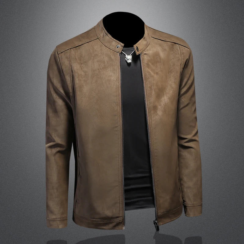 2025 new high-quality slim fit leather jacket, men's casual stand up collar motorcycle leather jacket,
