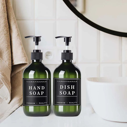 2pcs Brown Green Lotion Bottles 500ML Soap Dispenser Round Bottles with 6 Pieces/12 Pieces Black Label Bathroom Accessories