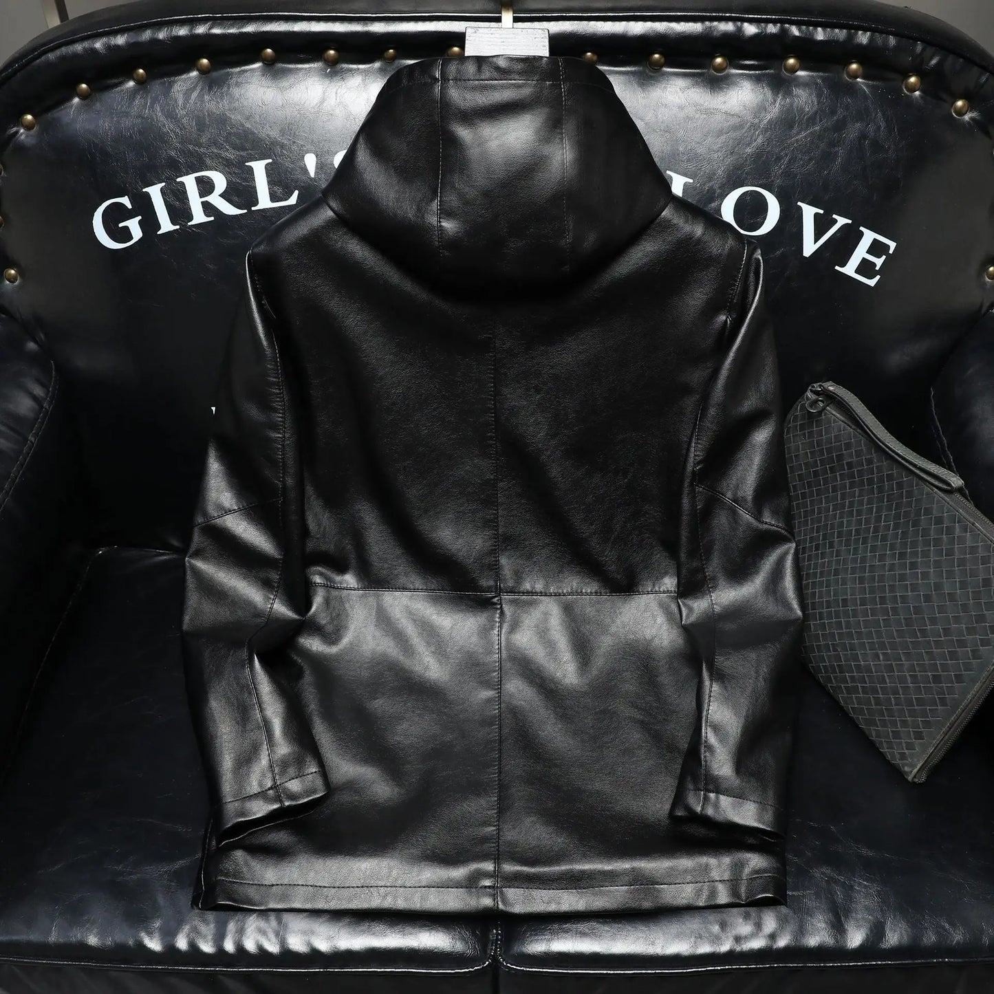 2023 Autumn/Winter New Mid length Hooded Men's Leather Jacket with Fleece and Thickened Business Casual Fashion