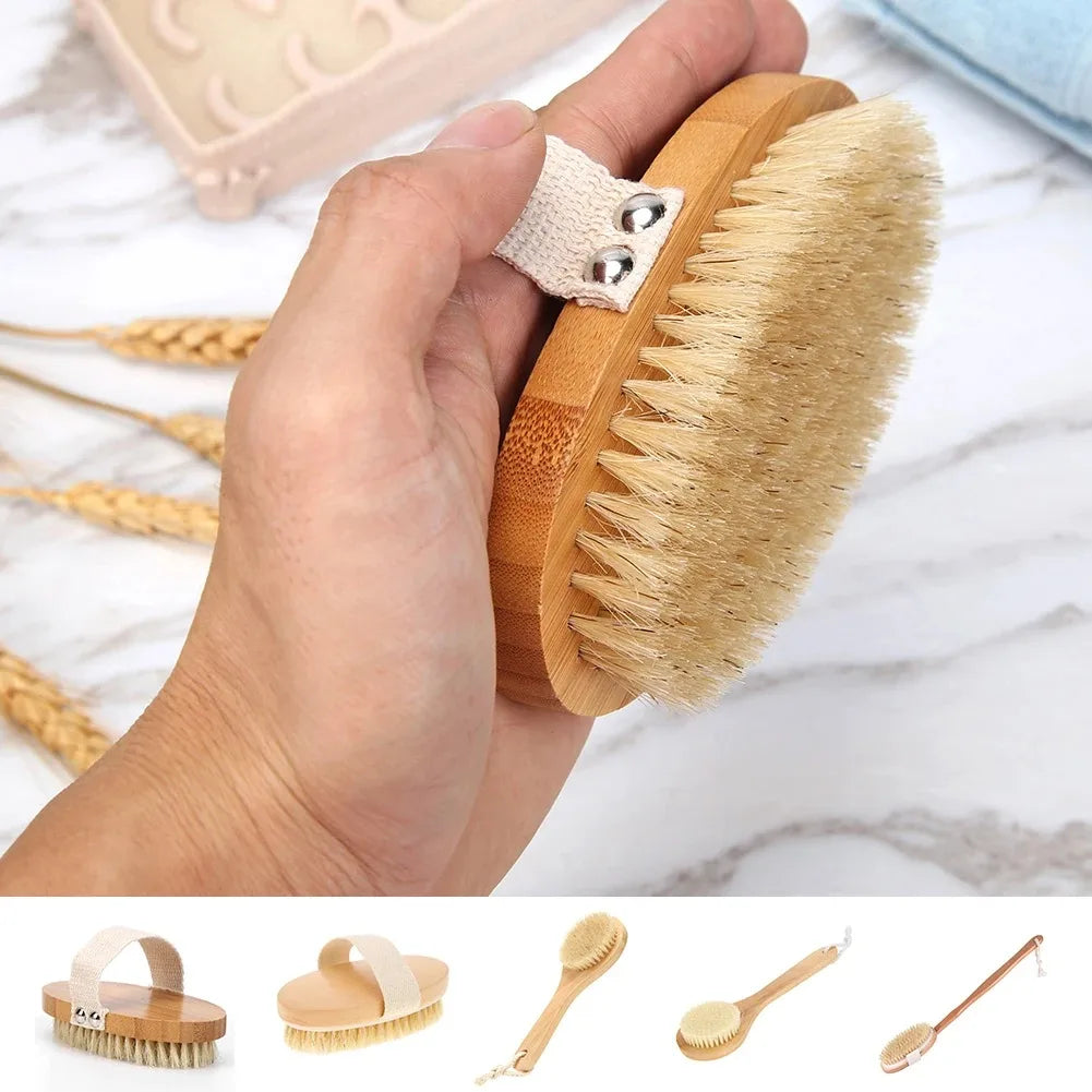 SPA Wooden Body Brush Natural Boar Bristle Organic Dry Skin Body Brush Bamboo Wet Back Shower Brushes Exfoliating Bathing Brush