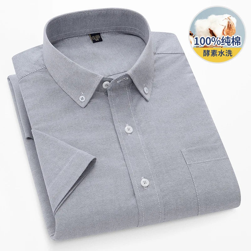 Summer 100% Pure Cotton Men Shirts Short Sleeve Dress Shirts Male Slim Social Business Blouse Solid Color Oxford Shirt 7XL 8XL