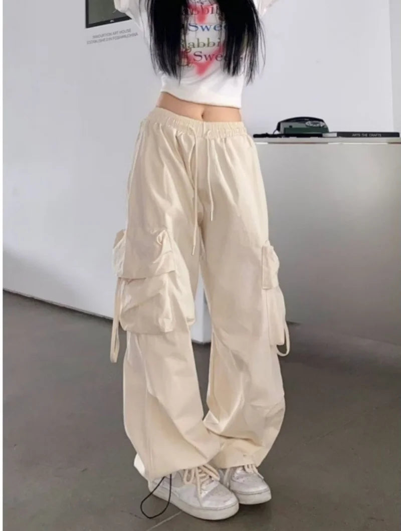 SweatPants Women Vintage Cargo Pants Fashion Elastic Waist Retro Oversized Solid Wide Leg Pant Casual Streetwear Baggy Trousers