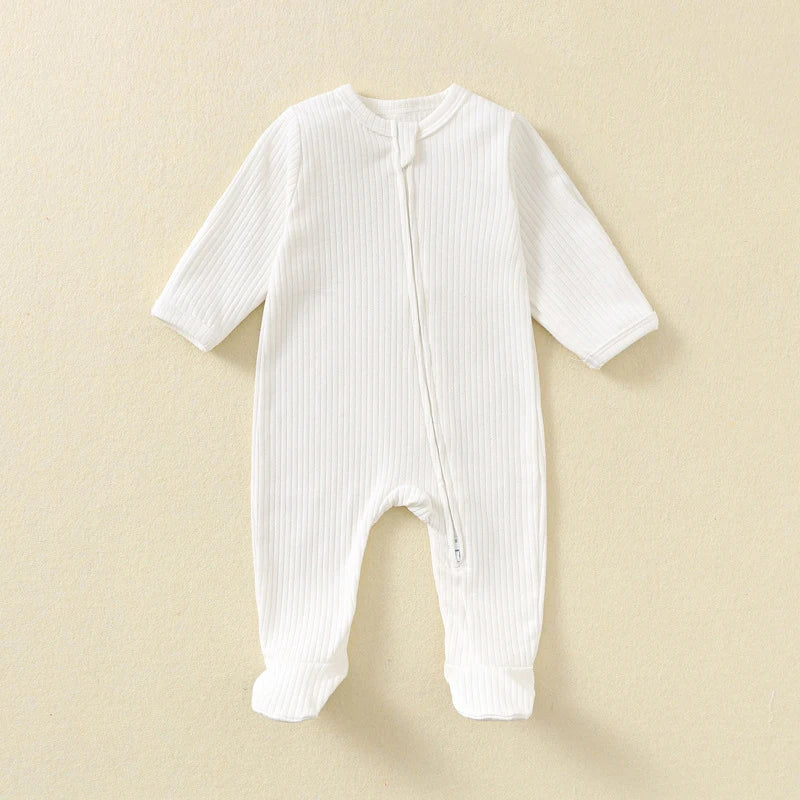Baby Romper Long Sleeve Footed Cotton Zipper Front Outfit Spring Fall Newborn Unisex Ribbed Knitted Jumpsuit Pajamas Solid