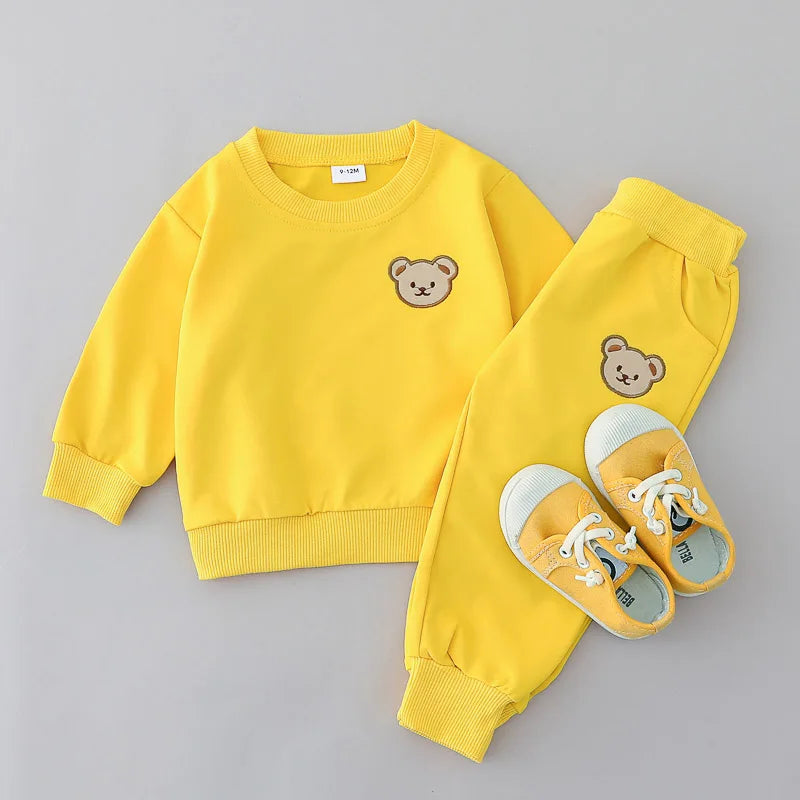 2PCS Spring and Autumn Baby Children's Long sleeved Simple Solid Color Polyester Little Bear Embroidered Hoodie Set of Two