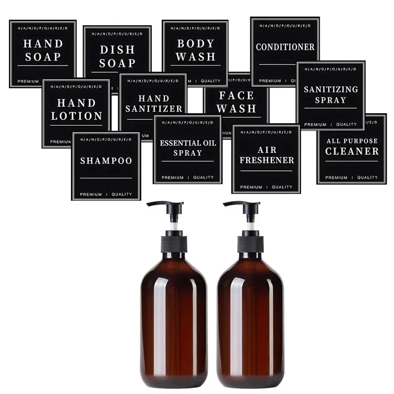 2pcs Brown Green Lotion Bottles 500ML Soap Dispenser Round Bottles with 6 Pieces/12 Pieces Black Label Bathroom Accessories