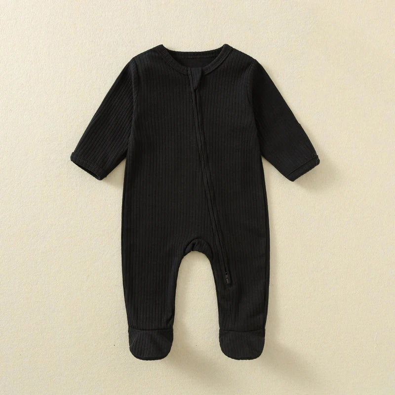 Baby Romper Long Sleeve Footed Cotton Zipper Front Outfit Spring Fall Newborn Unisex Ribbed Knitted Jumpsuit Pajamas Solid