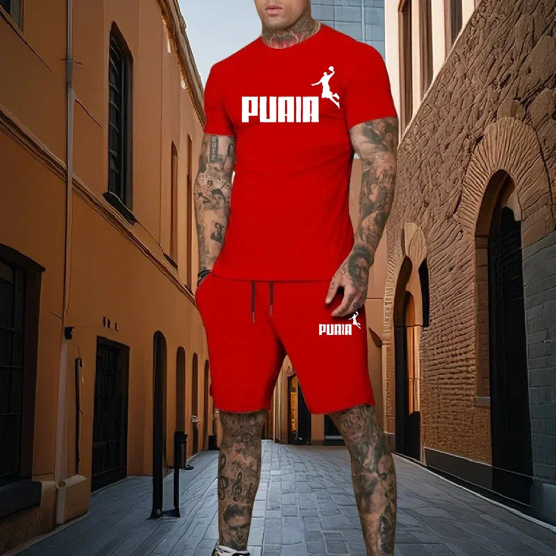 Summer fashion men's two-piece set men's casual sports set printed short sleeved set men's T-shirt+shorts fitness sportswear