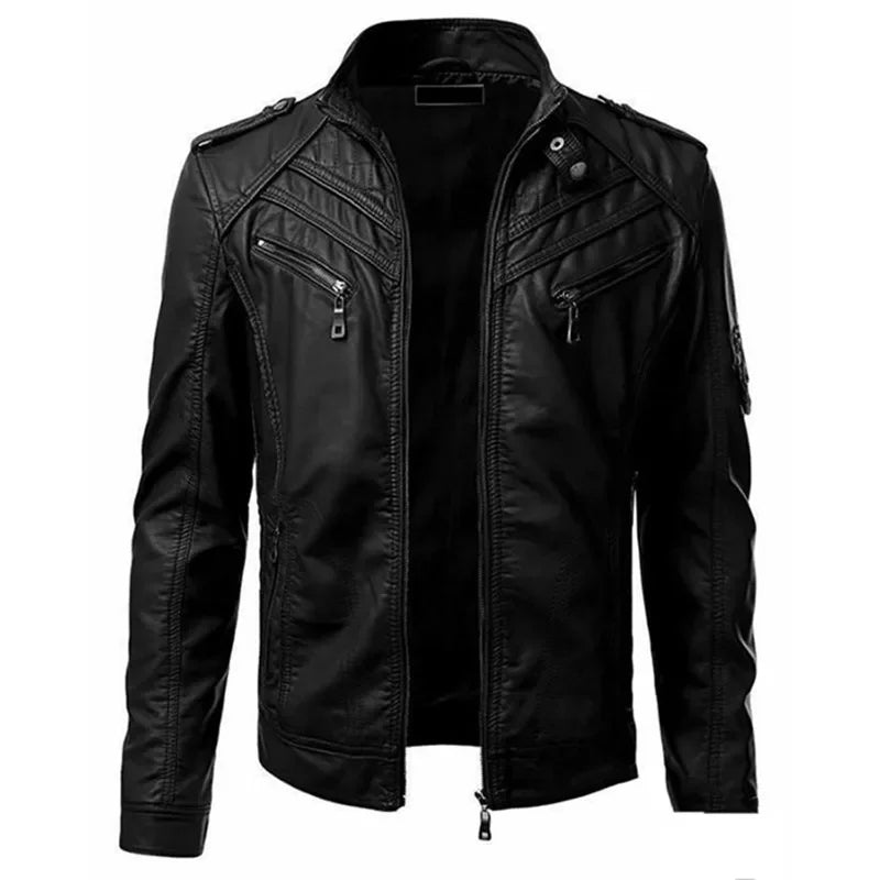 The new casual high-end fashion leather coat men sell European and American solid color handsome stand-up collar jacket