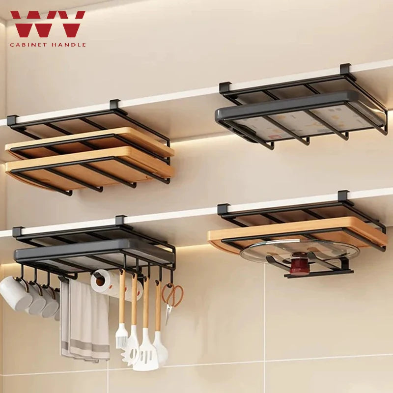 WV Kitchen Under Cupboard Hanging Organizer Rack with Hook Paper Towel Rags Hanger Cutting Board Pot Cover Holder Storage Shelf