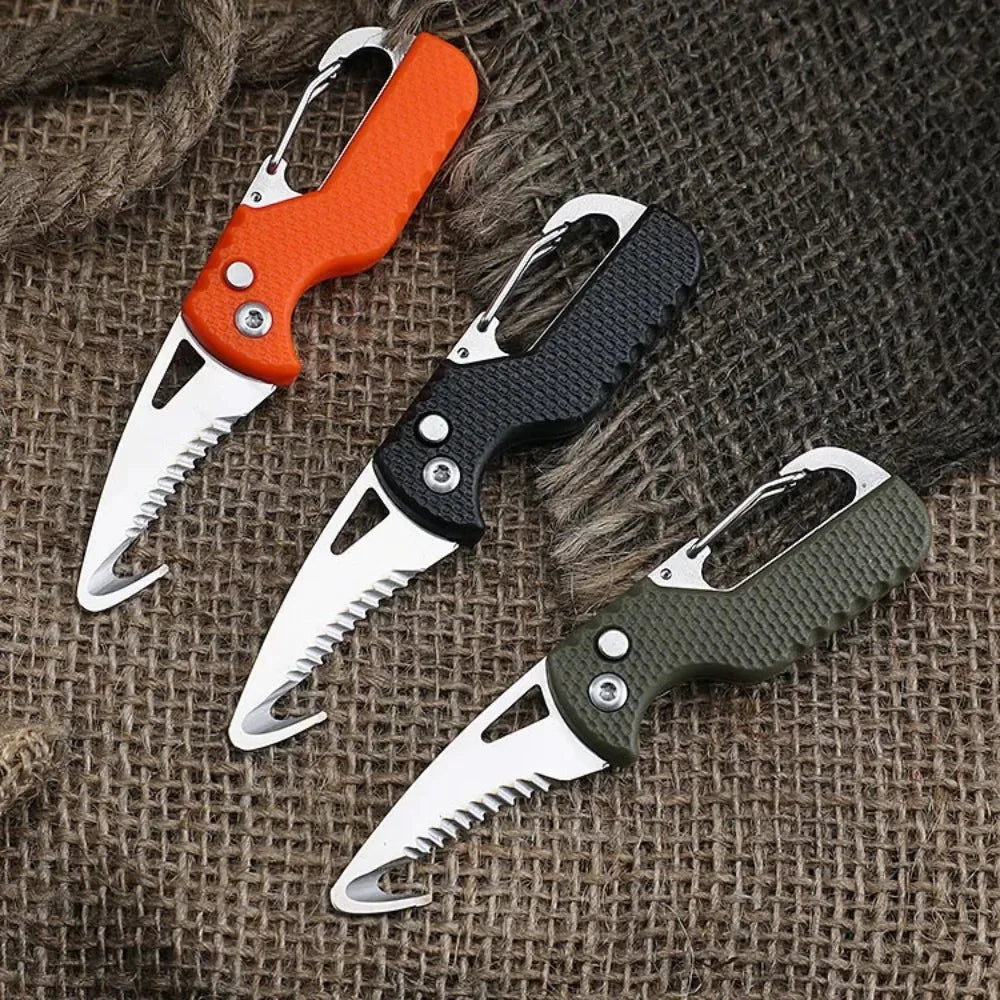 Survival - Stainless Steel Folding Knife w/ Bottle Opener, Serrated Hook & Keychain for Camping/Emergency