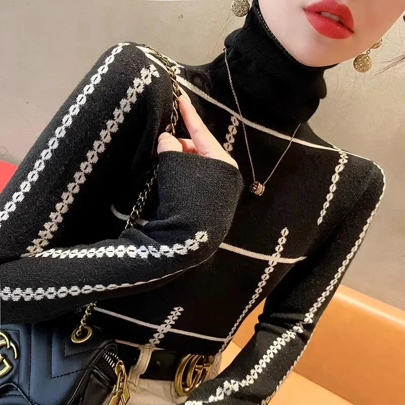 Women Commute Fashion Jacquard Turtleneck Sweaters Autumn Winter Temperament Elegant Elastic Slim Knitted Pullovers
