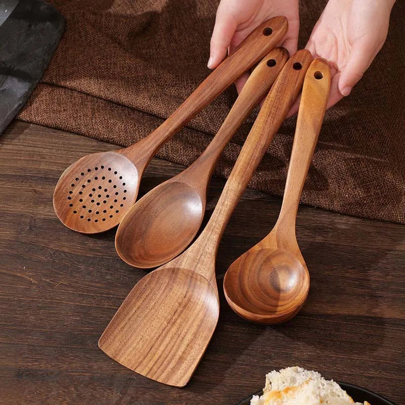 Teak Wooden Utensil Set 5-Piece - Natural Cooking Spoons, Spatula, Slotted Spoon, Salad Server, Non-Scratch Eco-Friendly Kitchen