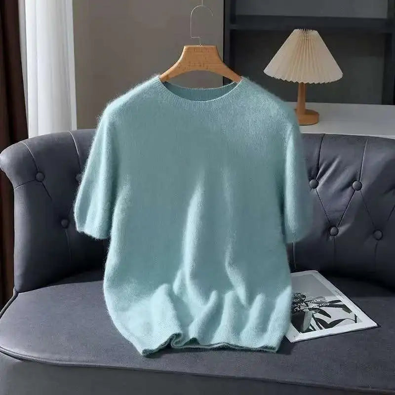 100% Mink Cashmere Knit Sweater Men's T-Shirt Spring Summer Loose O-Neck Solid Color Casual Business Base Pullover Short Sleeve